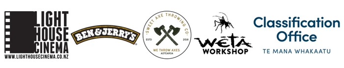 Logos for Light House Cinema, Ben and Jerry's, Sweet Axe, Wētā Workshop, and the Classification Office on a white background