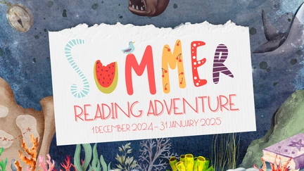 The title Summer Reading Adventure on a background of a sea-floor scene featuring various creatures and corals..