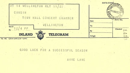 A 'good luck' telegram sent to the thespians in 1952.