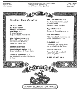 Menu for Camelot Licensed Steak Houses