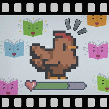 A film negative style border around an image of a pixel art chicken surrounded by books