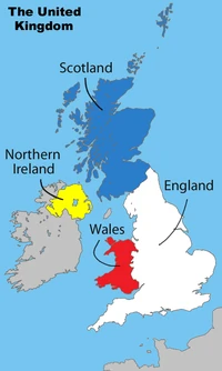 Map of the United Kingdom with Scotland, Northern Ireland, England, and Wales labelled.