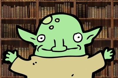 A green happy goblin in a woollen tunic standing in front of a bookshelf