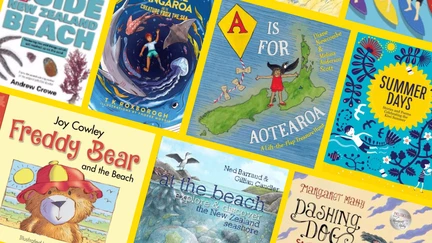 Cover images of NZ books about the beach on a yellow background