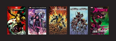 Five comic covers on a black background