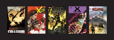 Five comic covers on a black background