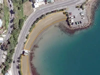 An aerial shot of Balaena Bay with the beach area outlined in yellow.