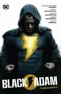 Cover image of Black Adam : Theogeny. A hooded man in dark armour with a glowing lightning bolt across his chest clenches his fists.