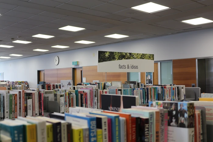 Photo of bookshelves at a library.