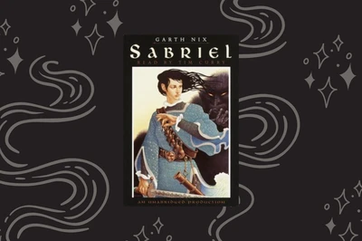 Cover of Sabriel, featuring a dark haired young woman wearing a blue surcoat and a bandolier of bells across her chest, on a black starry background