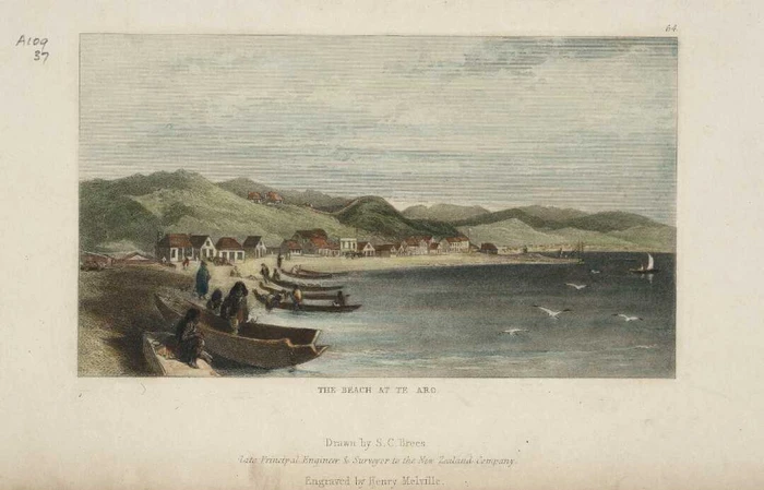 View looking along the beach from the Te Aro Pā area (modern Taranaki St/Manners St intersection)