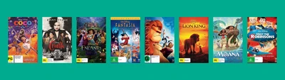 Eight DVD covers on a green background